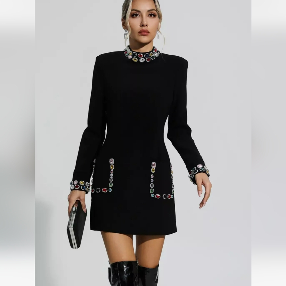 Black Embellished Mini Dress — Elegant Long-Sleeve Cocktail Dress
